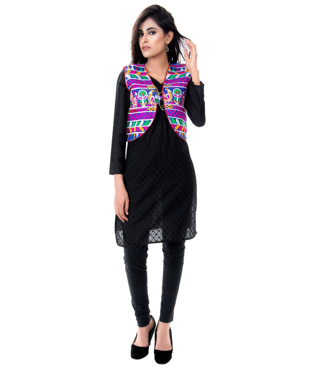 Banjara India Women's Cotton Blend Kutchi Embroidered Sleeveless Short Jacket/Koti/Shrug (Duck ) - SJK-DCK04 - Banjara India