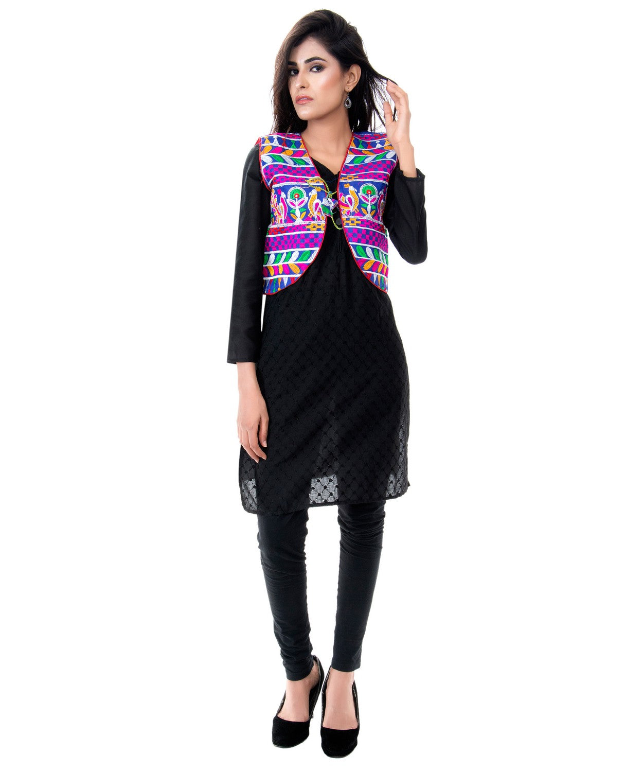 Banjara India Women's Cotton Blend Kutchi Embroidered Sleeveless Short Jacket/Koti/Shrug (Duck ) - SJK-DCK04 - Banjara India