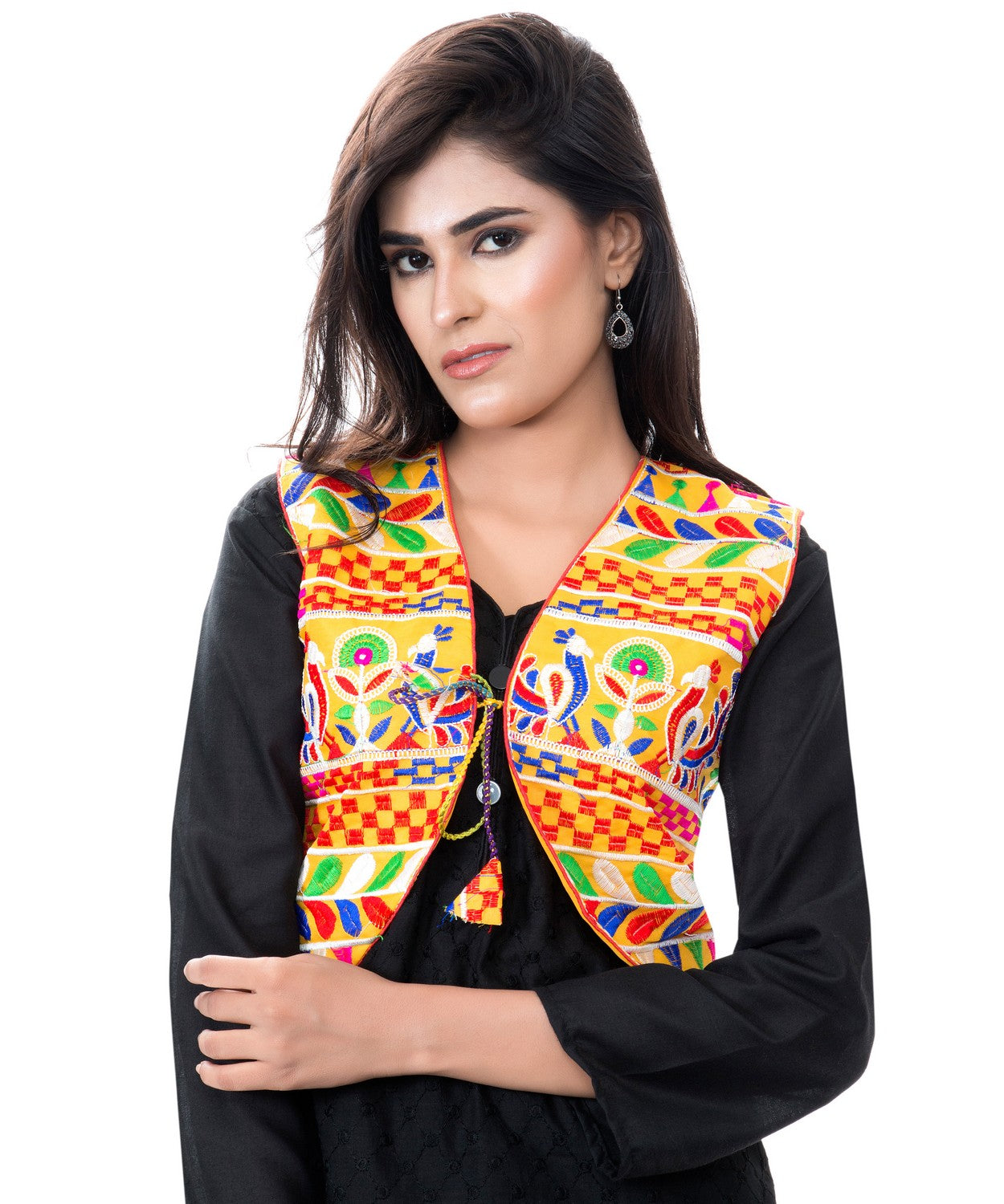 Banjara India Women's Cotton Blend Kutchi Embroidered Sleeveless Short Jacket/Koti/Shrug (Duck ) - SJK-DCK05 - Banjara India