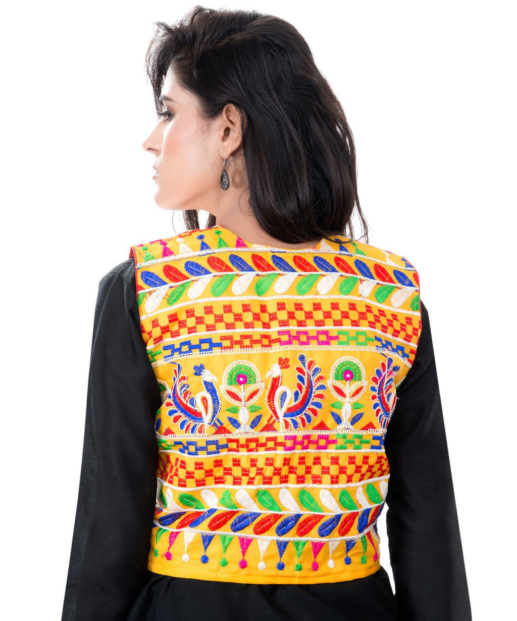 Banjara India Women's Cotton Blend Kutchi Embroidered Sleeveless Short Jacket/Koti/Shrug (Duck ) - SJK-DCK05 - Banjara India