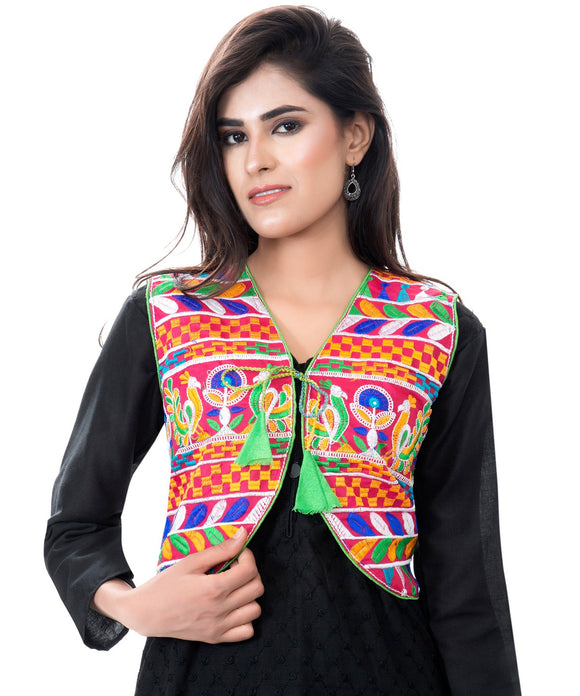 Banjara India Women's Cotton Blend Kutchi Embroidered Sleeveless Short Jacket/Koti/Shrug (Duck ) - SJK-DCK06 - Banjara India