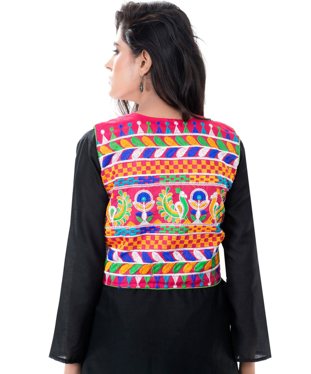 Banjara India Women's Cotton Blend Kutchi Embroidered Sleeveless Short Jacket/Koti/Shrug (Duck ) - SJK-DCK06 - Banjara India