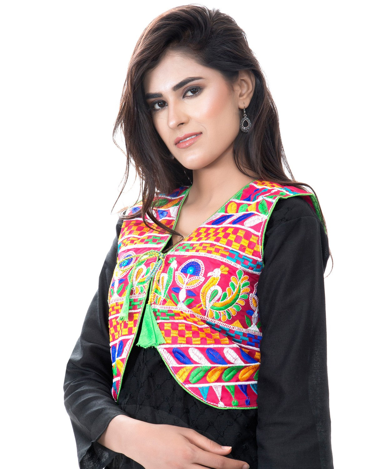 Banjara India Women's Cotton Blend Kutchi Embroidered Sleeveless Short Jacket/Koti/Shrug (Duck ) - SJK-DCK06 - Banjara India