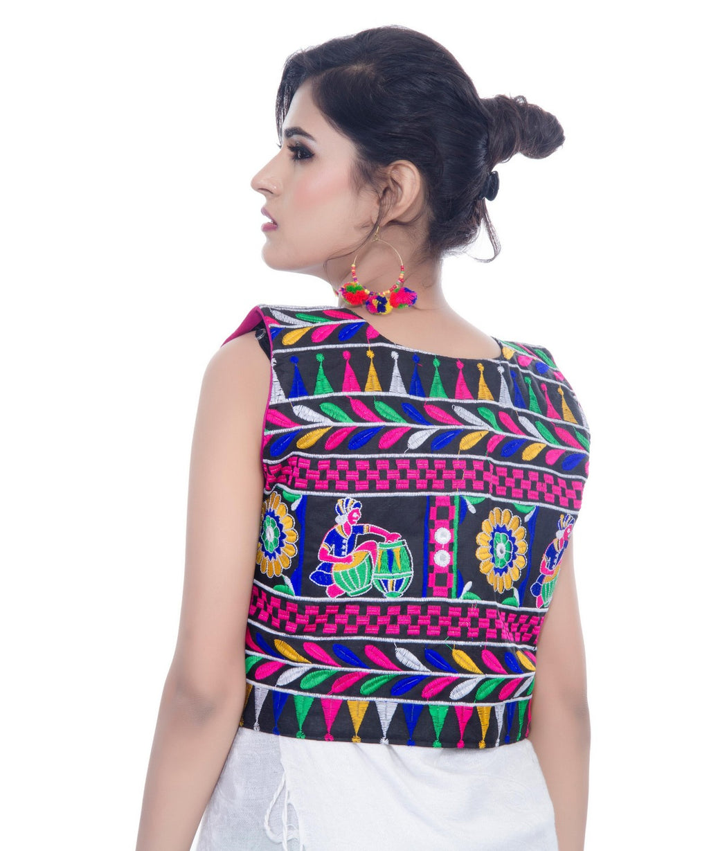 Banjara India Women's Cotton Blend Kutchi Embroidered Sleeveless Short Jacket/Koti/Shrug (Dholak) - SJK-DHK01 - Banjara India