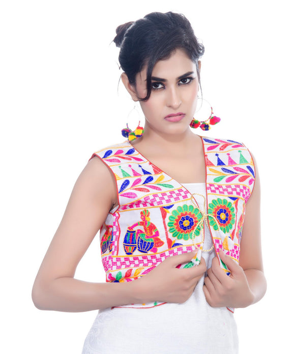 Banjara India Women's Cotton Blend Kutchi Embroidered Sleeveless Short Jacket/Koti/Shrug (Dholak) - SJK-DHK02 - Banjara India