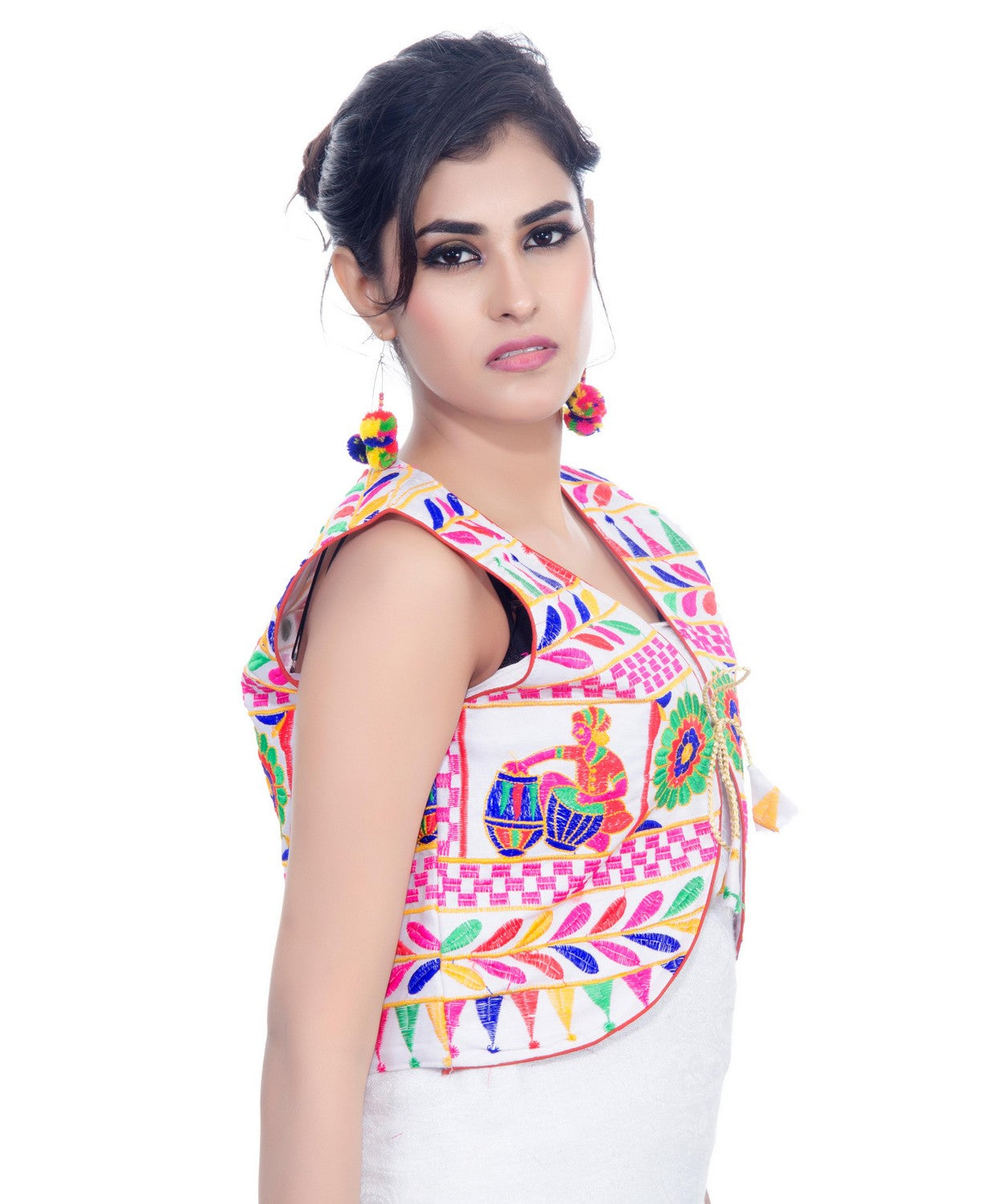 Banjara India Women's Cotton Blend Kutchi Embroidered Sleeveless Short Jacket/Koti/Shrug (Dholak) - SJK-DHK02 - Banjara India