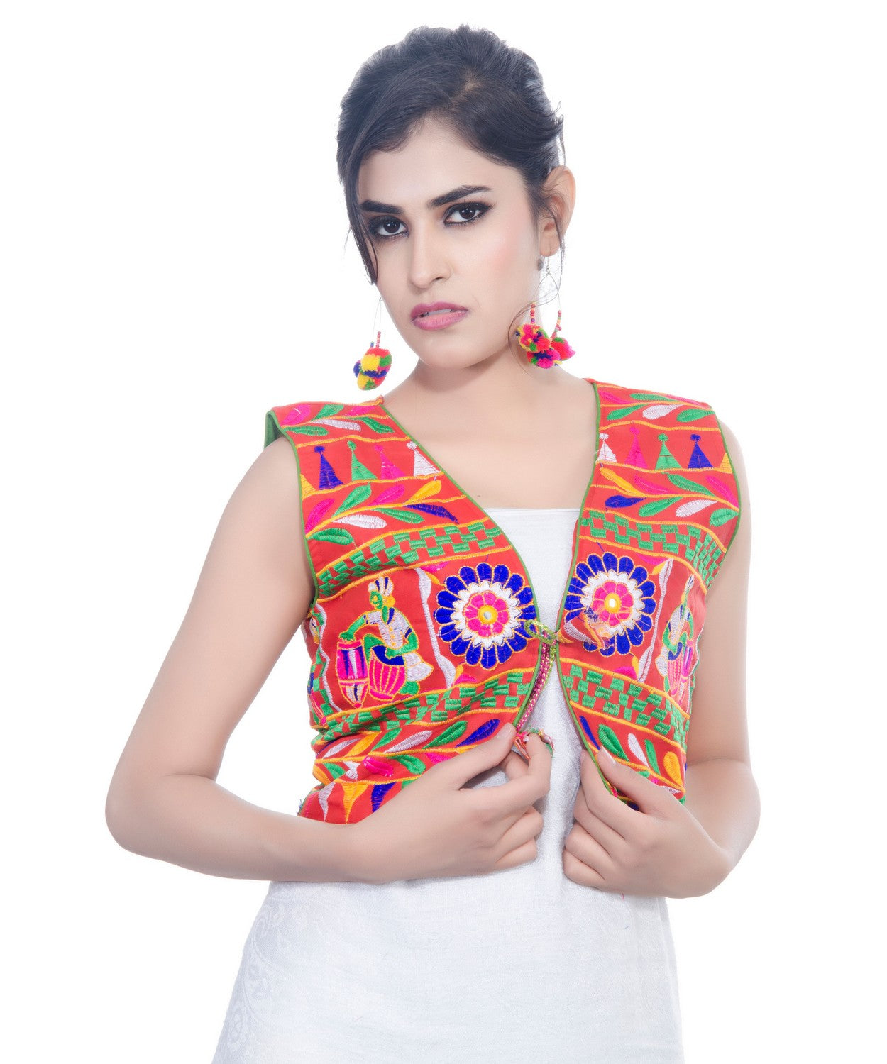 Banjara India Women's Cotton Blend Kutchi Embroidered Sleeveless Short Jacket/Koti/Shrug (Dholak) - SJK-DHK03 - Banjara India