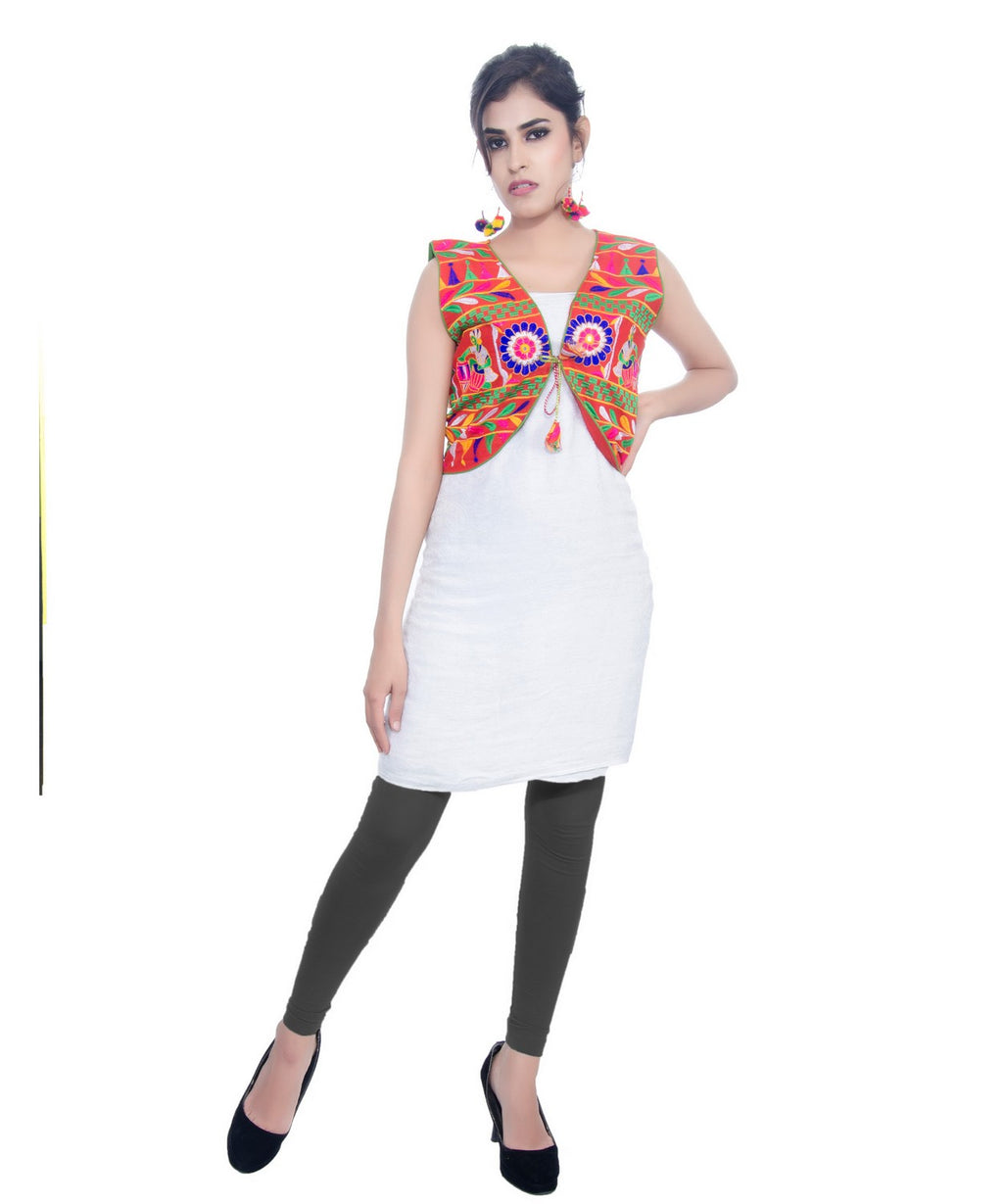 Banjara India Women's Cotton Blend Kutchi Embroidered Sleeveless Short Jacket/Koti/Shrug (Dholak) - SJK-DHK03 - Banjara India
