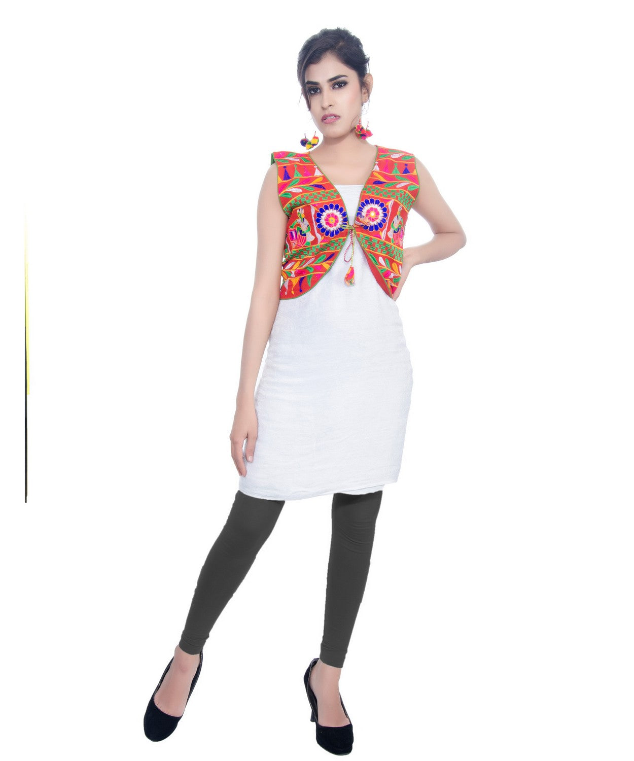 Banjara India Women's Cotton Blend Kutchi Embroidered Sleeveless Short Jacket/Koti/Shrug (Dholak) - SJK-DHK03 - Banjara India