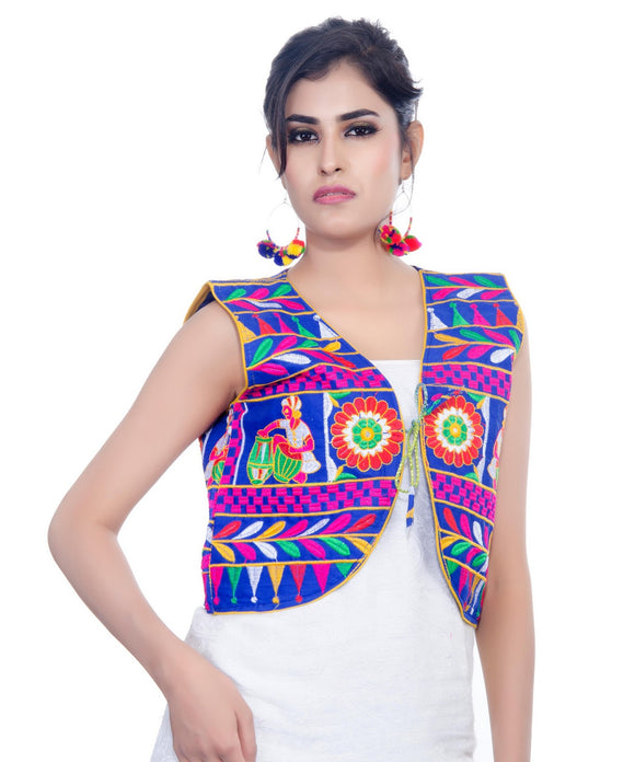 Banjara India Women's Cotton Blend Kutchi Embroidered Sleeveless Short Jacket/Koti/Shrug (Dholak) - SJK-DHK04 - Banjara India