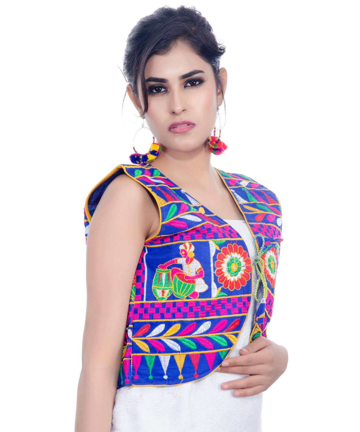Banjara India Women's Cotton Blend Kutchi Embroidered Sleeveless Short Jacket/Koti/Shrug (Dholak) - SJK-DHK04 - Banjara India