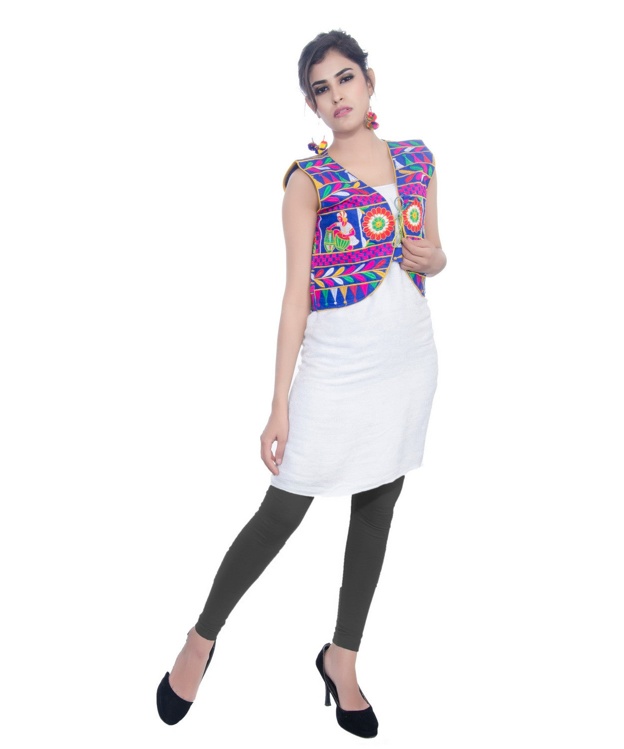 Banjara India Women's Cotton Blend Kutchi Embroidered Sleeveless Short Jacket/Koti/Shrug (Dholak) - SJK-DHK04 - Banjara India
