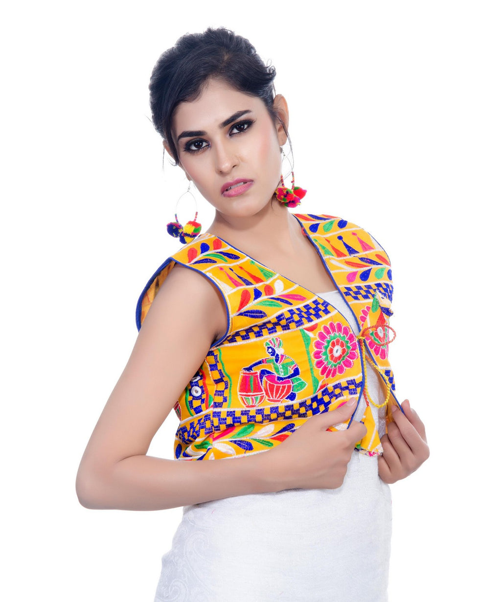Banjara India Women's Cotton Blend Kutchi Embroidered Sleeveless Short Jacket/Koti/Shrug (Dholak) - SJK-DHK05 - Banjara India