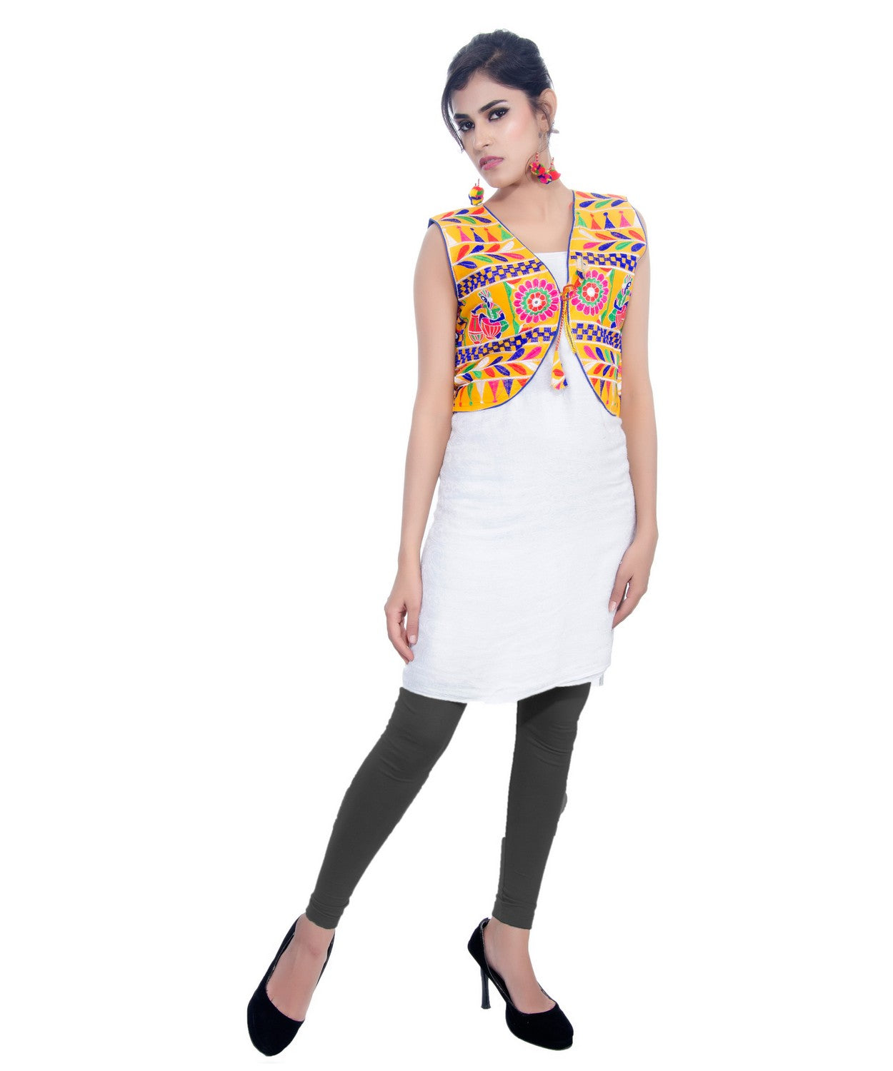 Banjara India Women's Cotton Blend Kutchi Embroidered Sleeveless Short Jacket/Koti/Shrug (Dholak) - SJK-DHK05 - Banjara India