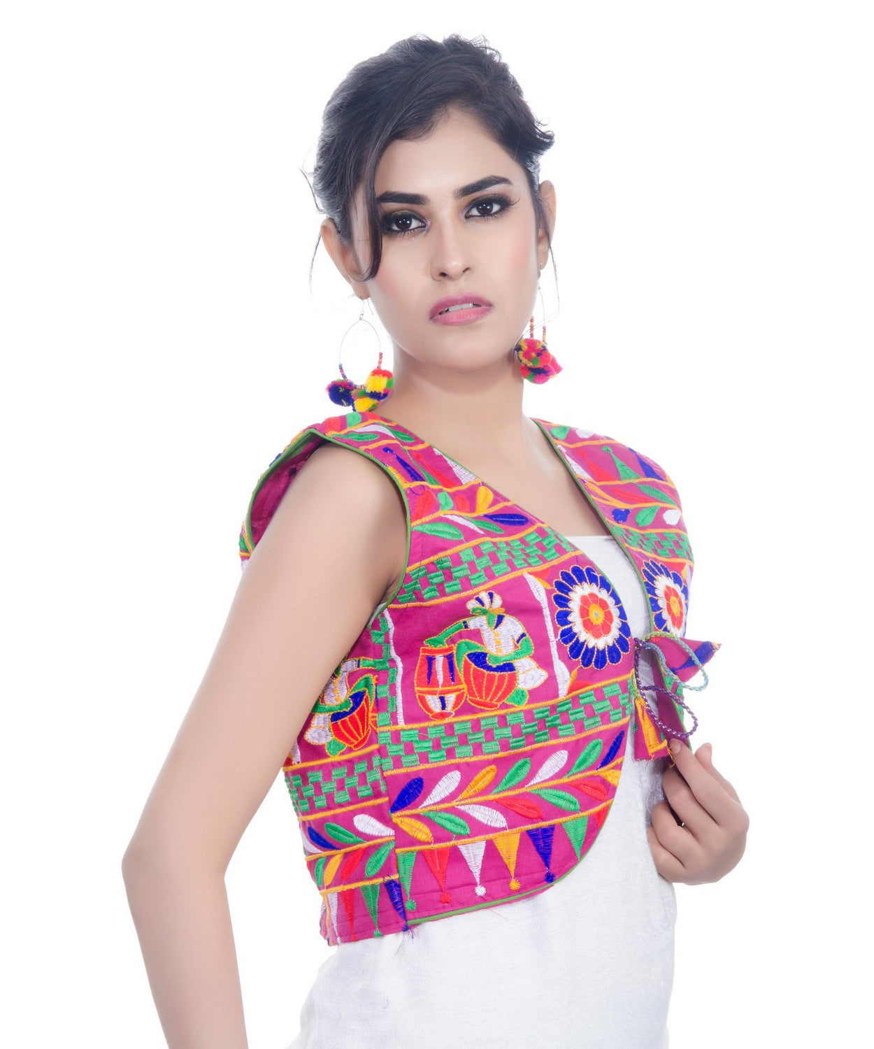 Banjara India Women's Cotton Blend Kutchi Embroidered Sleeveless Short Jacket/Koti/Shrug (Dholak) - SJK-DHK06 - Banjara India
