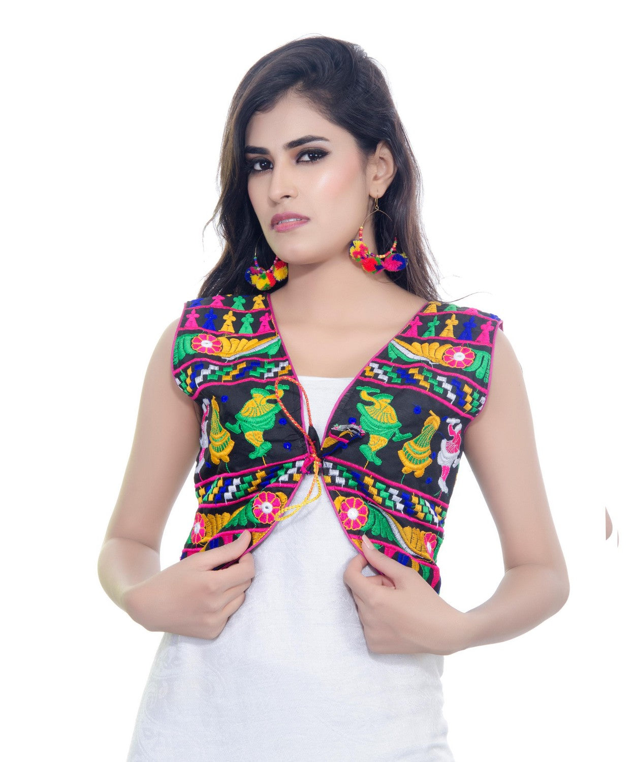 Banjara India Women's Cotton Blend Kutchi Embroidered Sleeveless Short Jacket/Koti/Shrug (Dandiya) - SJK-DND01 - Banjara India