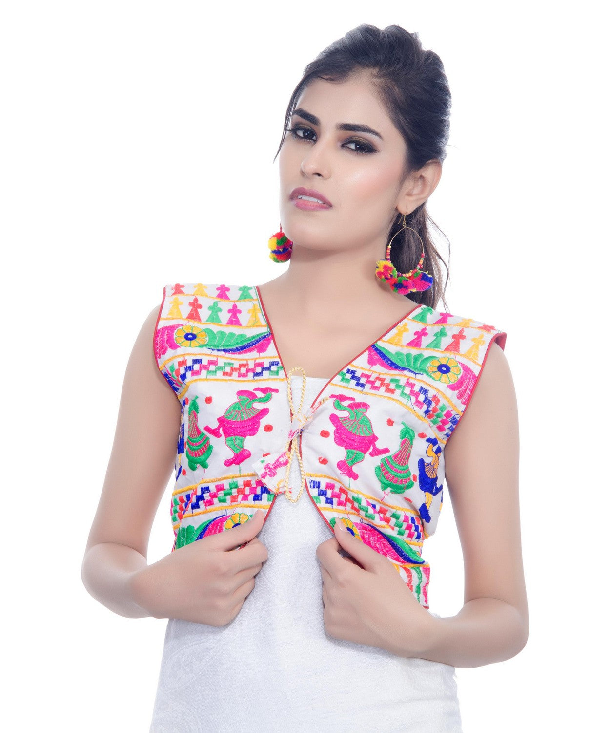 Banjara India Women's Cotton Blend Kutchi Embroidered Sleeveless Short Jacket/Koti/Shrug (Dandiya) - SJK-DND02 - Banjara India