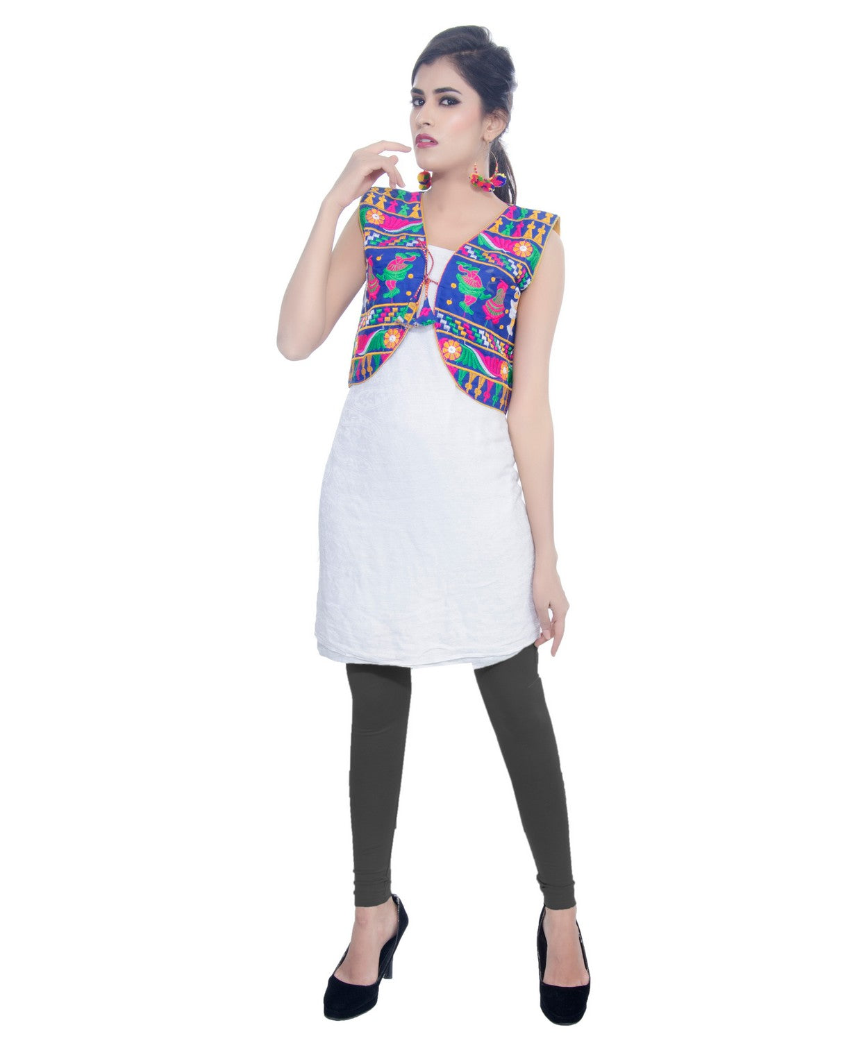 Banjara India Women's Cotton Blend Kutchi Embroidered Sleeveless Short Jacket/Koti/Shrug (Dandiya) - SJK-DND04 - Banjara India