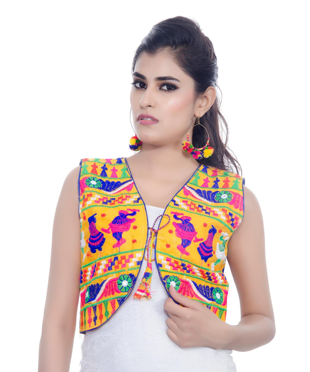 Banjara India Women's Cotton Blend Kutchi Embroidered Sleeveless Short Jacket/Koti/Shrug (Dandiya) - SJK-DND05 - Banjara India