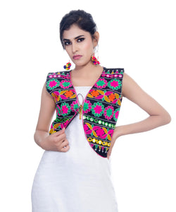 Banjara India Women's Cotton Blend Kutchi Embroidered Sleeveless Short Jacket/Koti/Shrug (Floral) - SJK-FLR01 - Banjara India