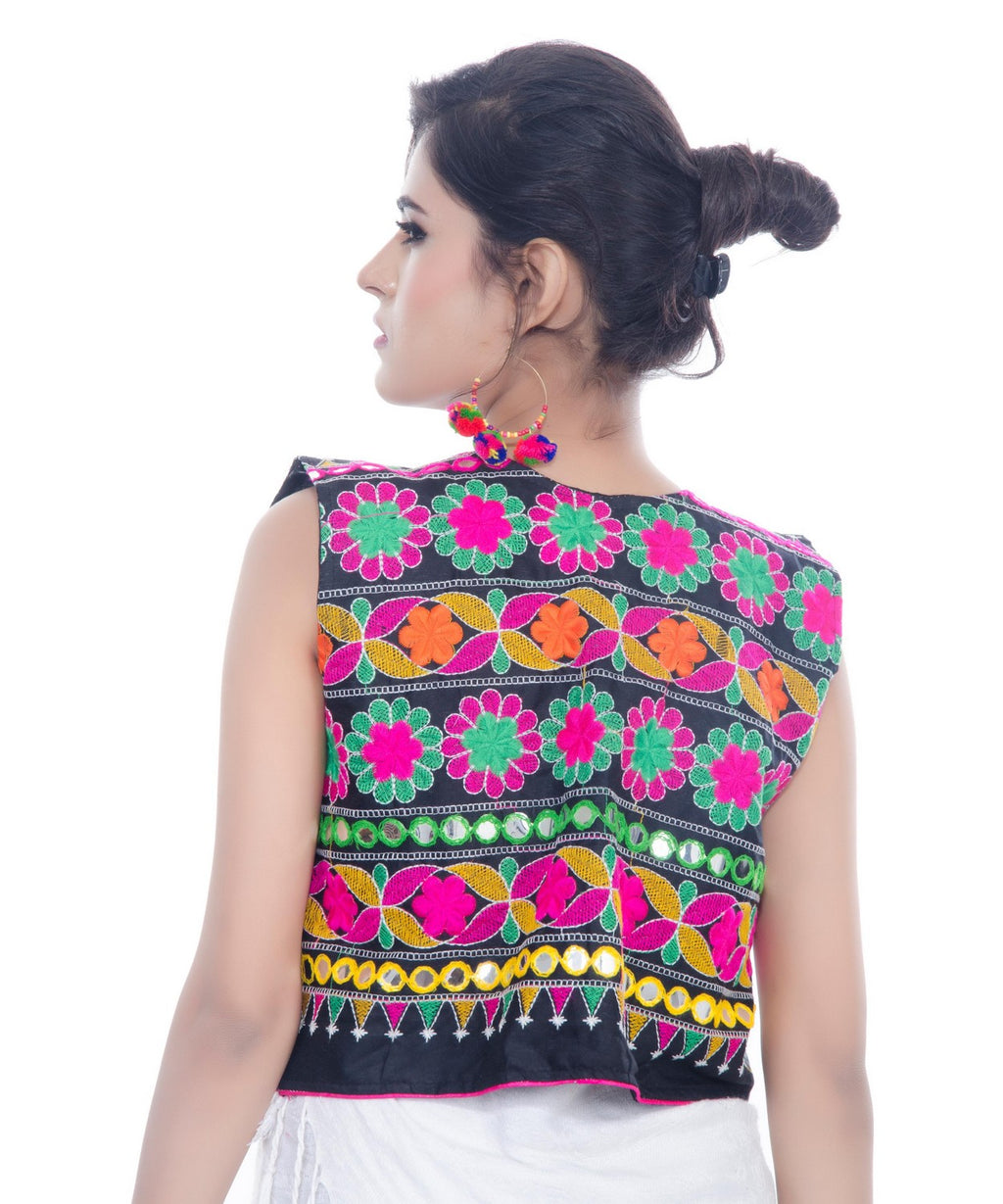 Banjara India Women's Cotton Blend Kutchi Embroidered Sleeveless Short Jacket/Koti/Shrug (Floral) - SJK-FLR01 - Banjara India