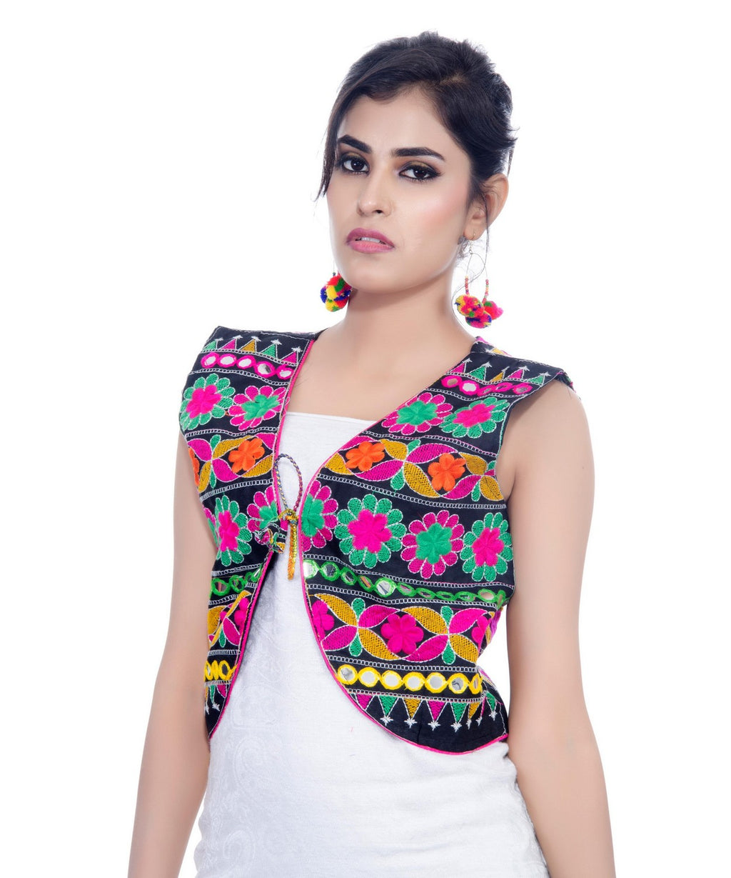 Banjara India Women's Cotton Blend Kutchi Embroidered Sleeveless Short Jacket/Koti/Shrug (Floral) - SJK-FLR01 - Banjara India