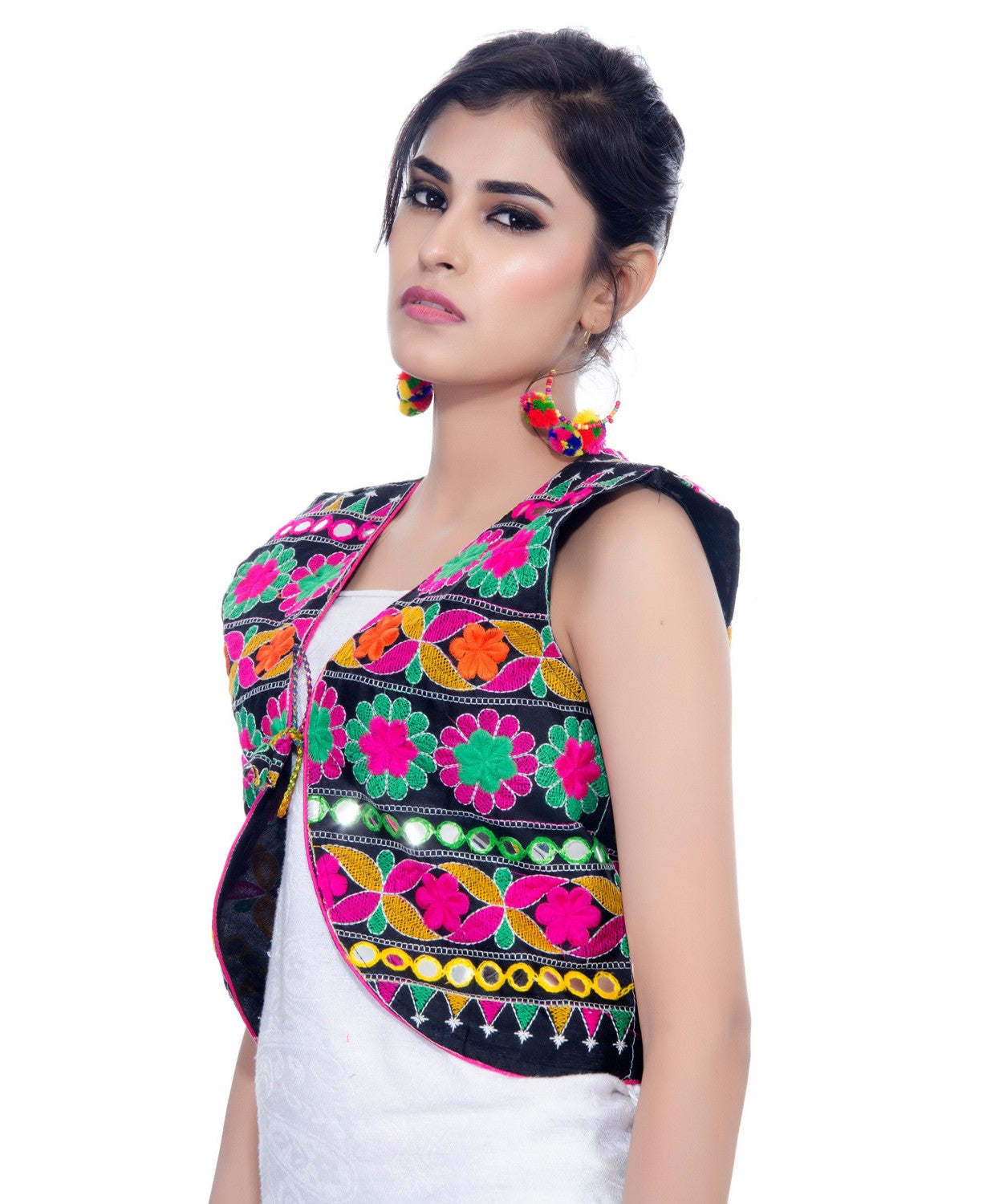 Banjara India Women's Cotton Blend Kutchi Embroidered Sleeveless Short Jacket/Koti/Shrug (Floral) - SJK-FLR01 - Banjara India
