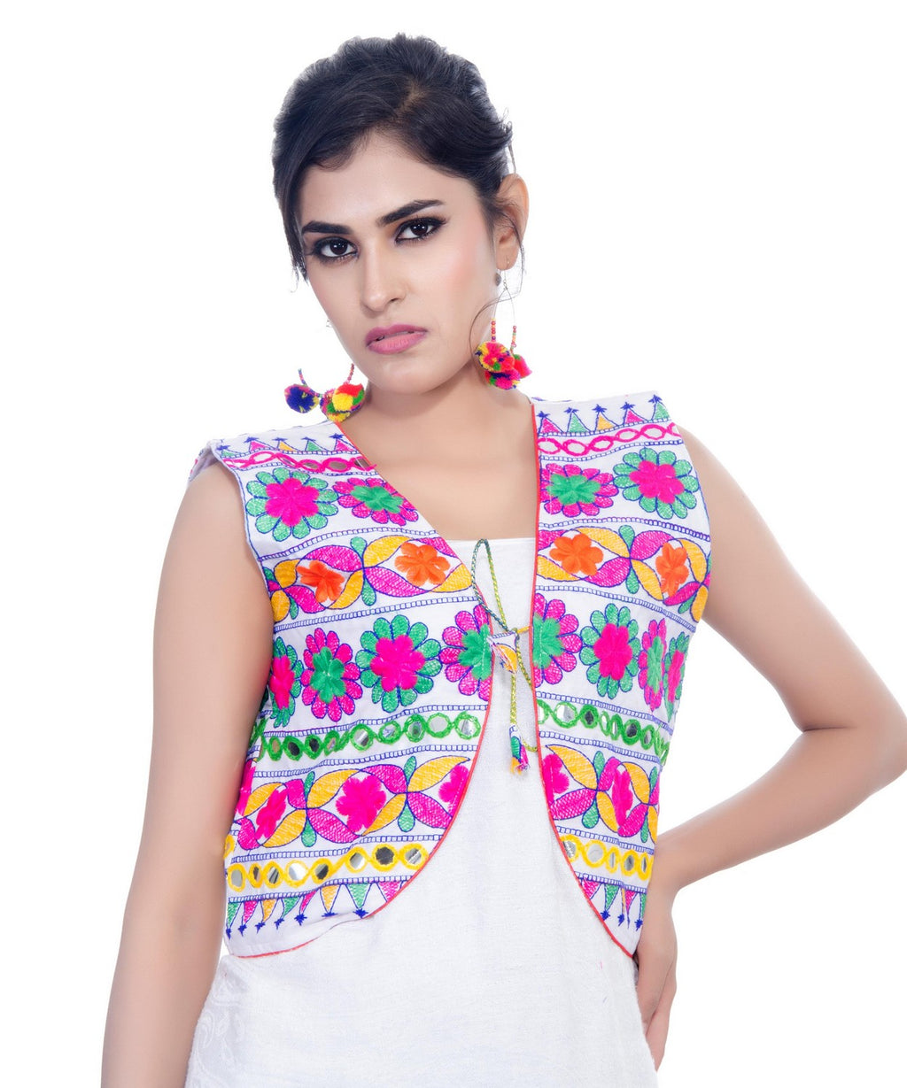 Banjara India Women's Cotton Blend Kutchi Embroidered Sleeveless Short Jacket/Koti/Shrug (Floral) - SJK-FLR02 - Banjara India