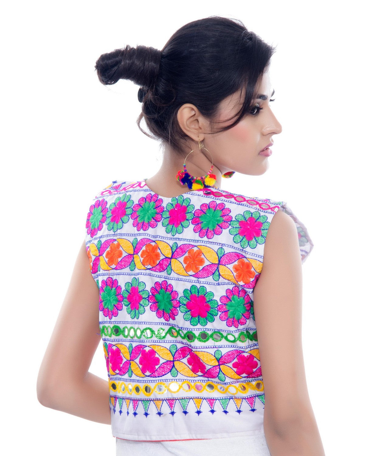 Banjara India Women's Cotton Blend Kutchi Embroidered Sleeveless Short Jacket/Koti/Shrug (Floral) - SJK-FLR02 - Banjara India