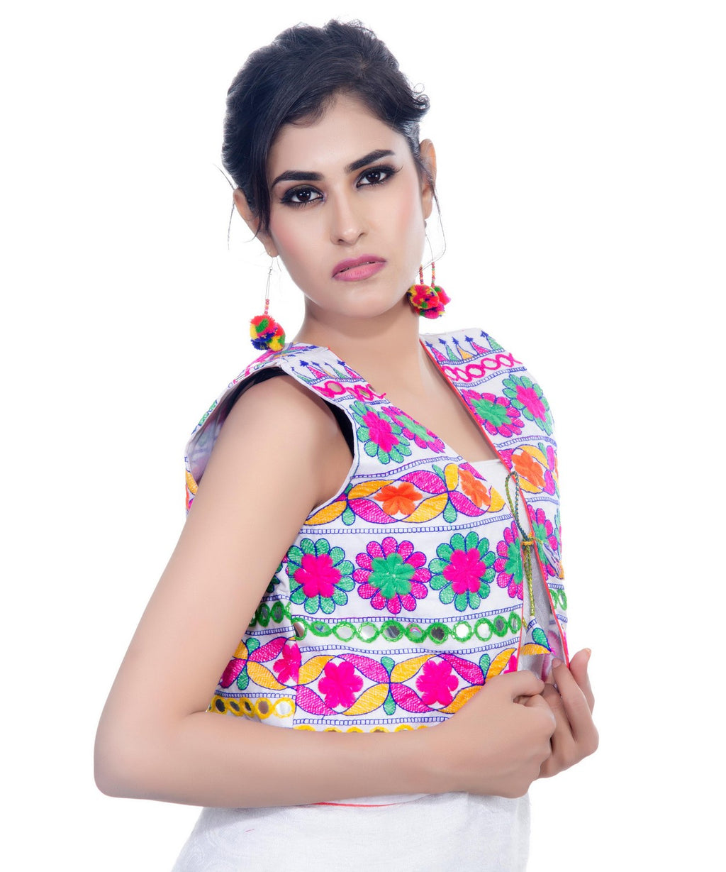 Banjara India Women's Cotton Blend Kutchi Embroidered Sleeveless Short Jacket/Koti/Shrug (Floral) - SJK-FLR02 - Banjara India