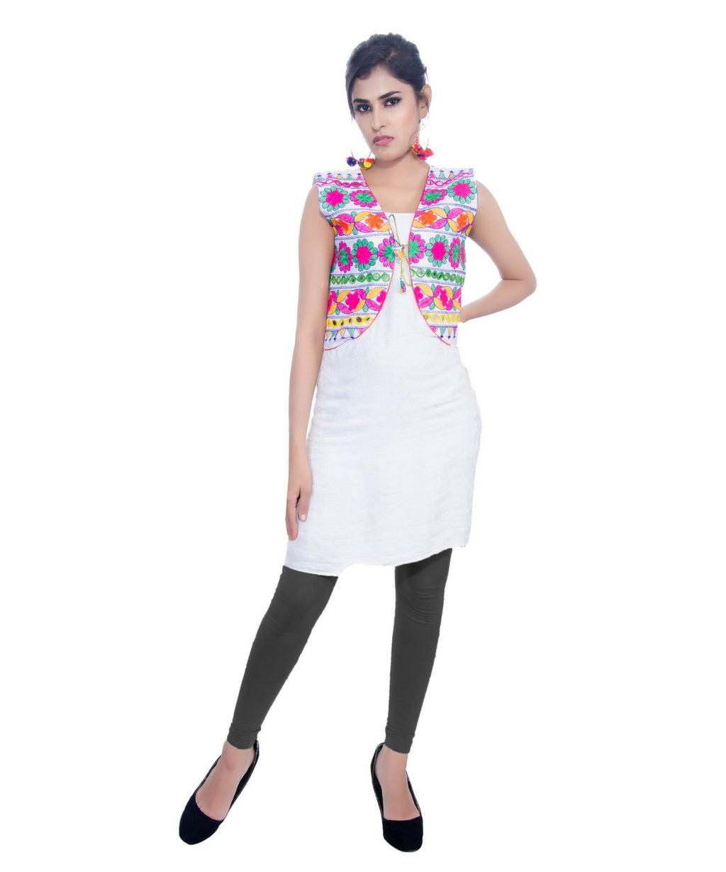 Banjara India Women's Cotton Blend Kutchi Embroidered Sleeveless Short Jacket/Koti/Shrug (Floral) - SJK-FLR02 - Banjara India