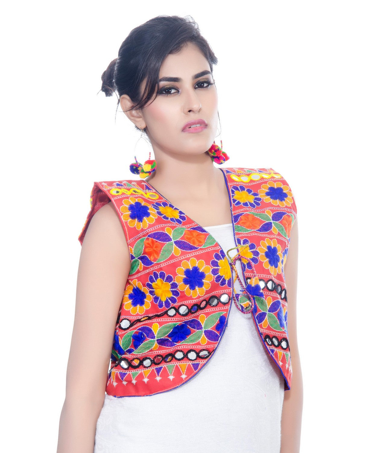 Banjara India Women's Cotton Blend Kutchi Embroidered Sleeveless Short Jacket/Koti/Shrug (Floral) - SJK-FLR03 - Banjara India