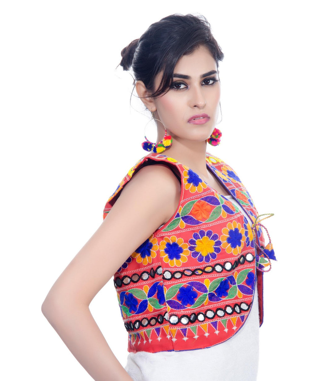 Banjara India Women's Cotton Blend Kutchi Embroidered Sleeveless Short Jacket/Koti/Shrug (Floral) - SJK-FLR03 - Banjara India
