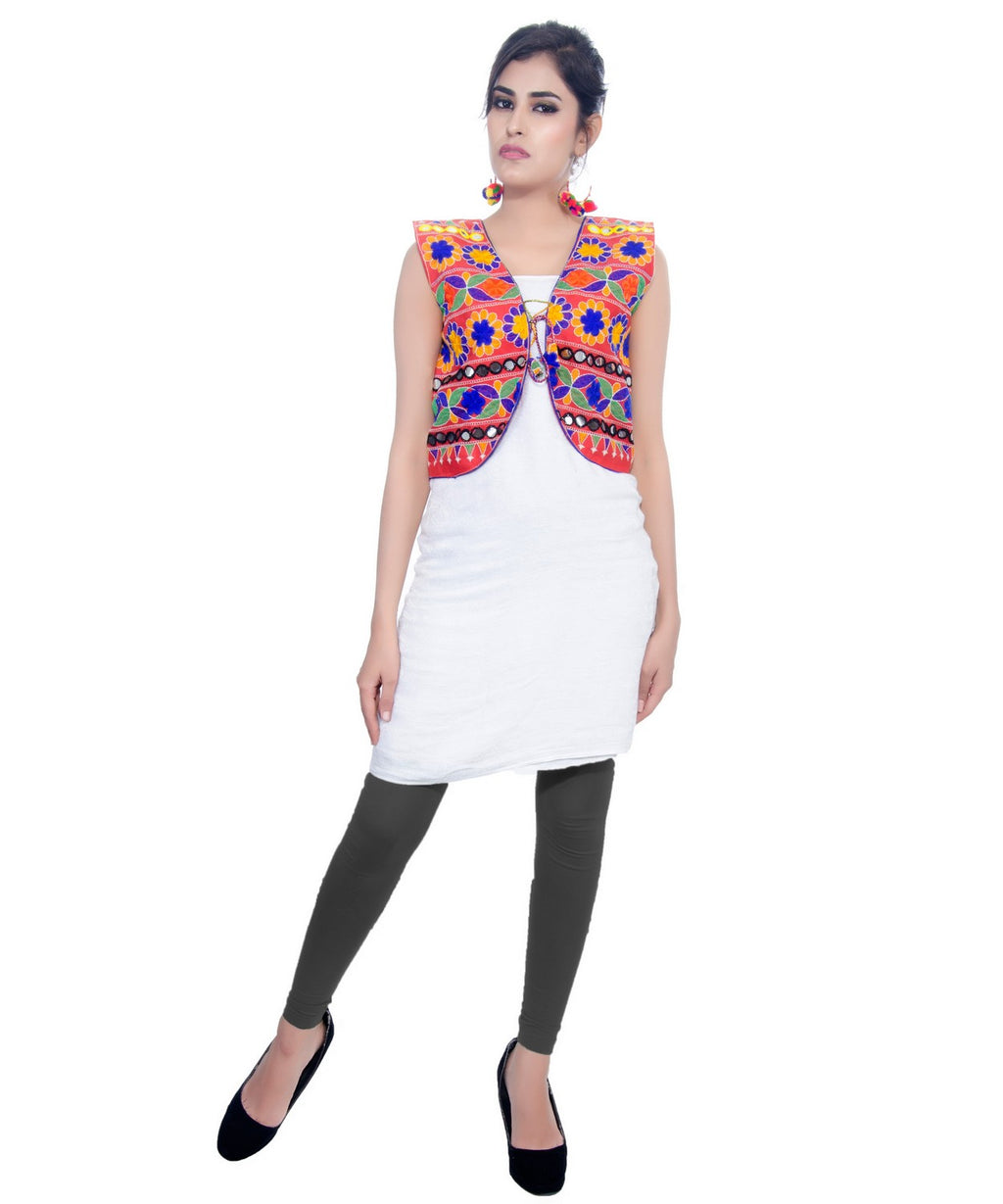 Banjara India Women's Cotton Blend Kutchi Embroidered Sleeveless Short Jacket/Koti/Shrug (Floral) - SJK-FLR03 - Banjara India