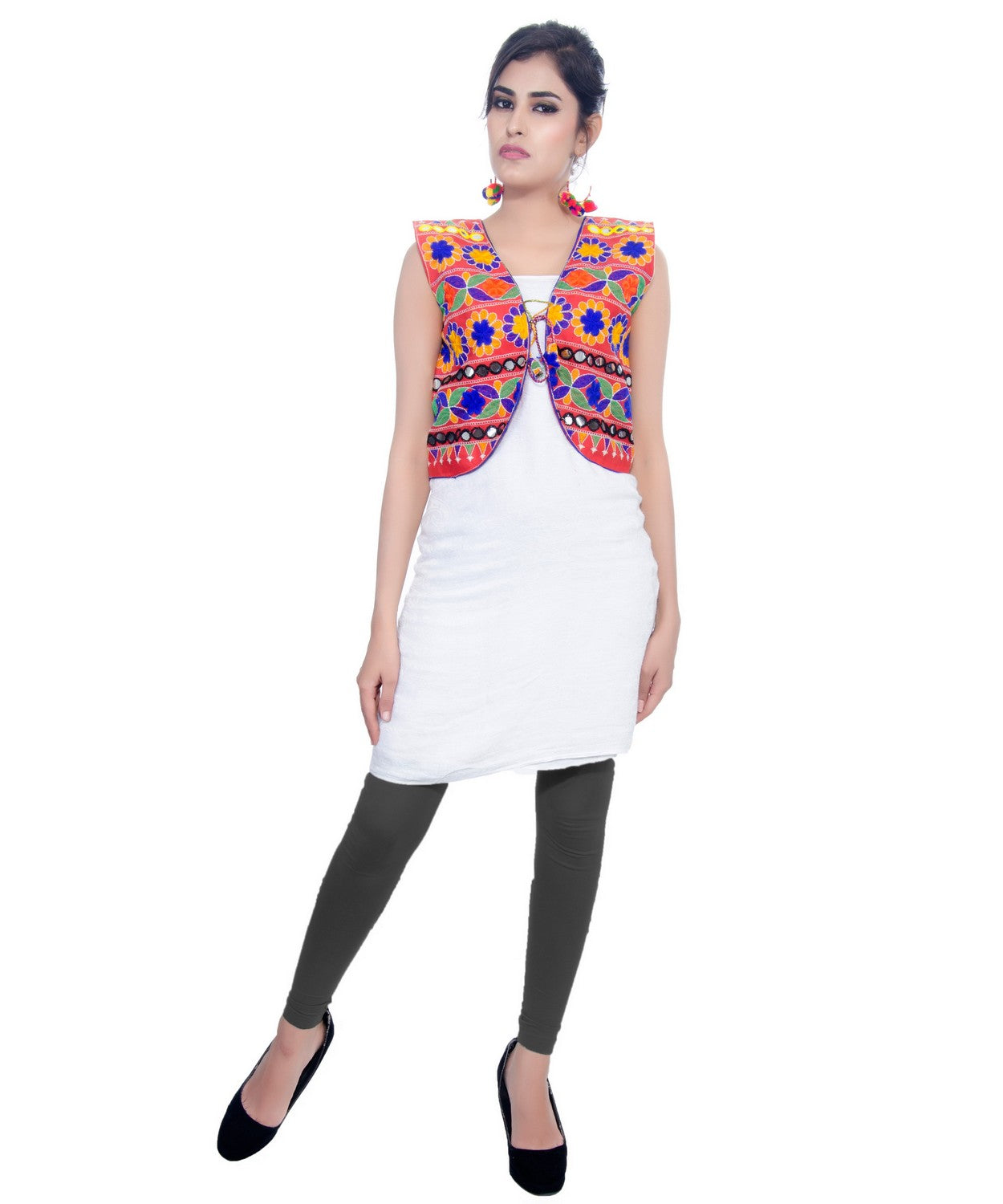 Banjara India Women's Cotton Blend Kutchi Embroidered Sleeveless Short Jacket/Koti/Shrug (Floral) - SJK-FLR03 - Banjara India