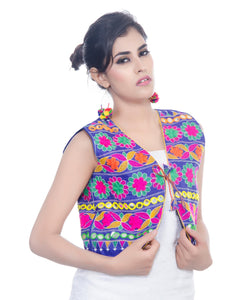 Banjara India Women's Cotton Blend Kutchi Embroidered Sleeveless Short Jacket/Koti/Shrug (Floral) - SJK-FLR04 - Banjara India