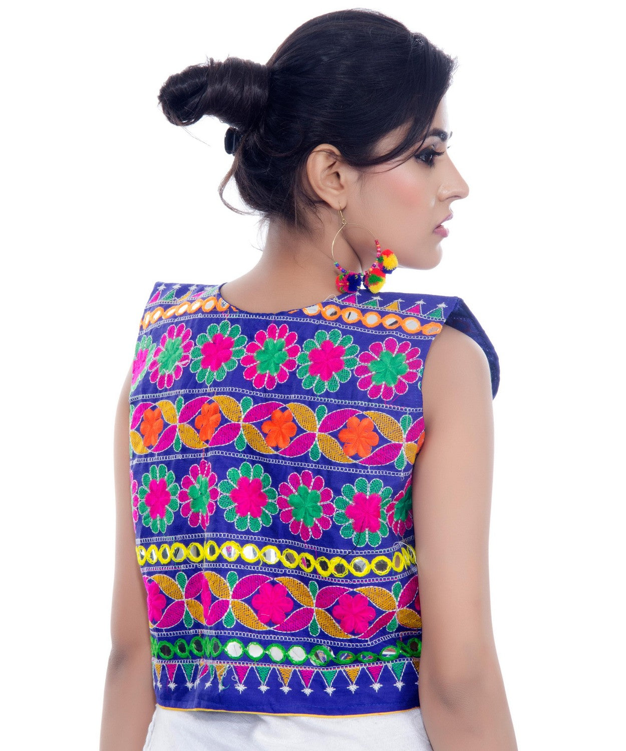 Banjara India Women's Cotton Blend Kutchi Embroidered Sleeveless Short Jacket/Koti/Shrug (Floral) - SJK-FLR04 - Banjara India