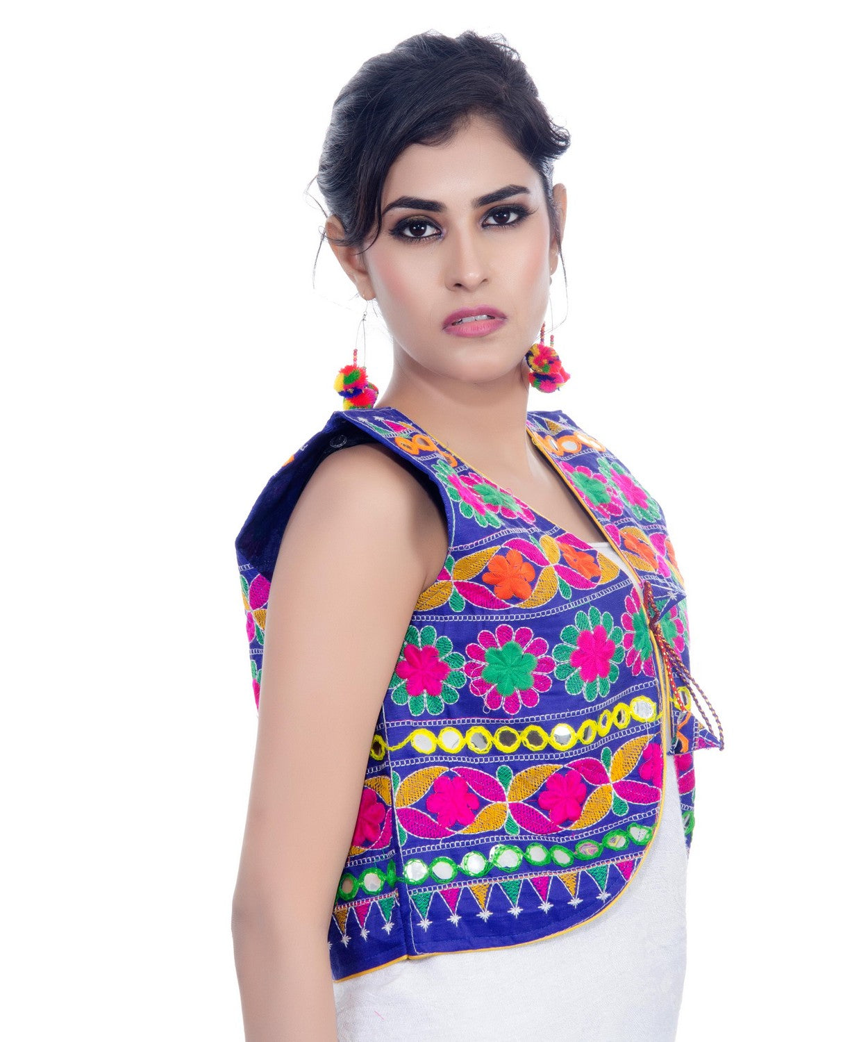 Banjara India Women's Cotton Blend Kutchi Embroidered Sleeveless Short Jacket/Koti/Shrug (Floral) - SJK-FLR04 - Banjara India