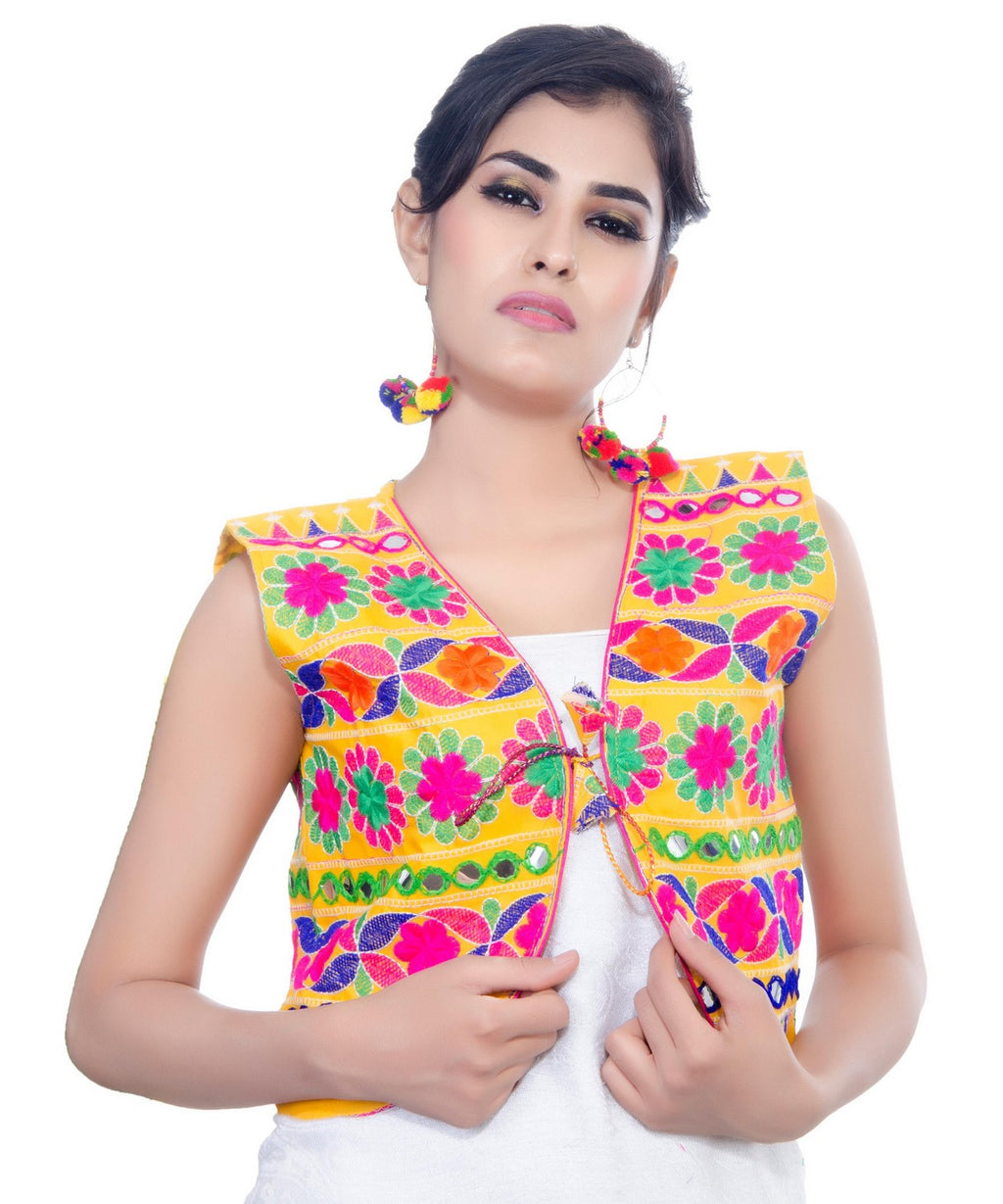 Banjara India Women's Cotton Blend Kutchi Embroidered Sleeveless Short Jacket/Koti/Shrug (Floral) - SJK-FLR05 - Banjara India