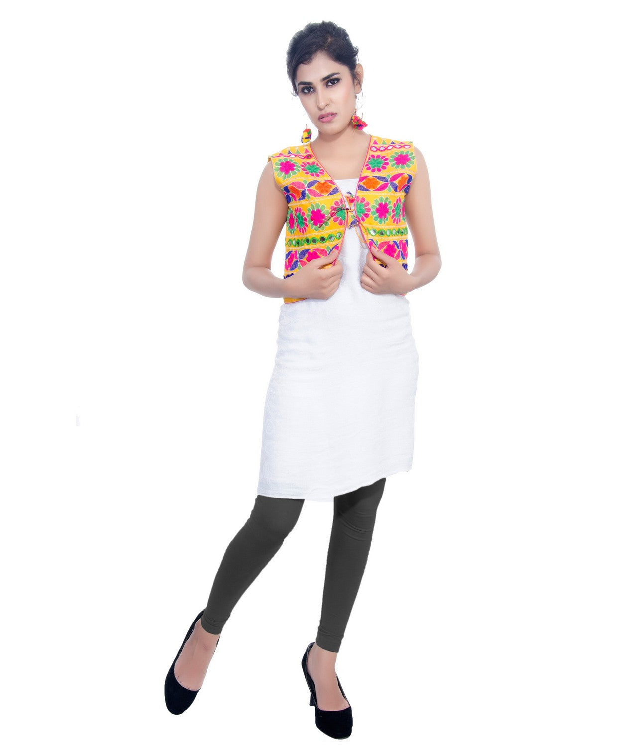 Banjara India Women's Cotton Blend Kutchi Embroidered Sleeveless Short Jacket/Koti/Shrug (Floral) - SJK-FLR05 - Banjara India
