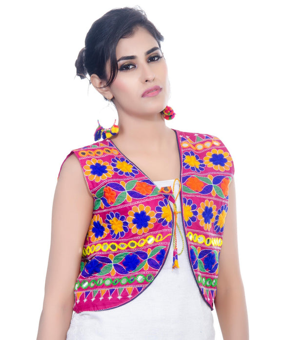 Banjara India Women's Cotton Blend Kutchi Embroidered Sleeveless Short Jacket/Koti/Shrug (Floral) - SJK-FLR06 - Banjara India