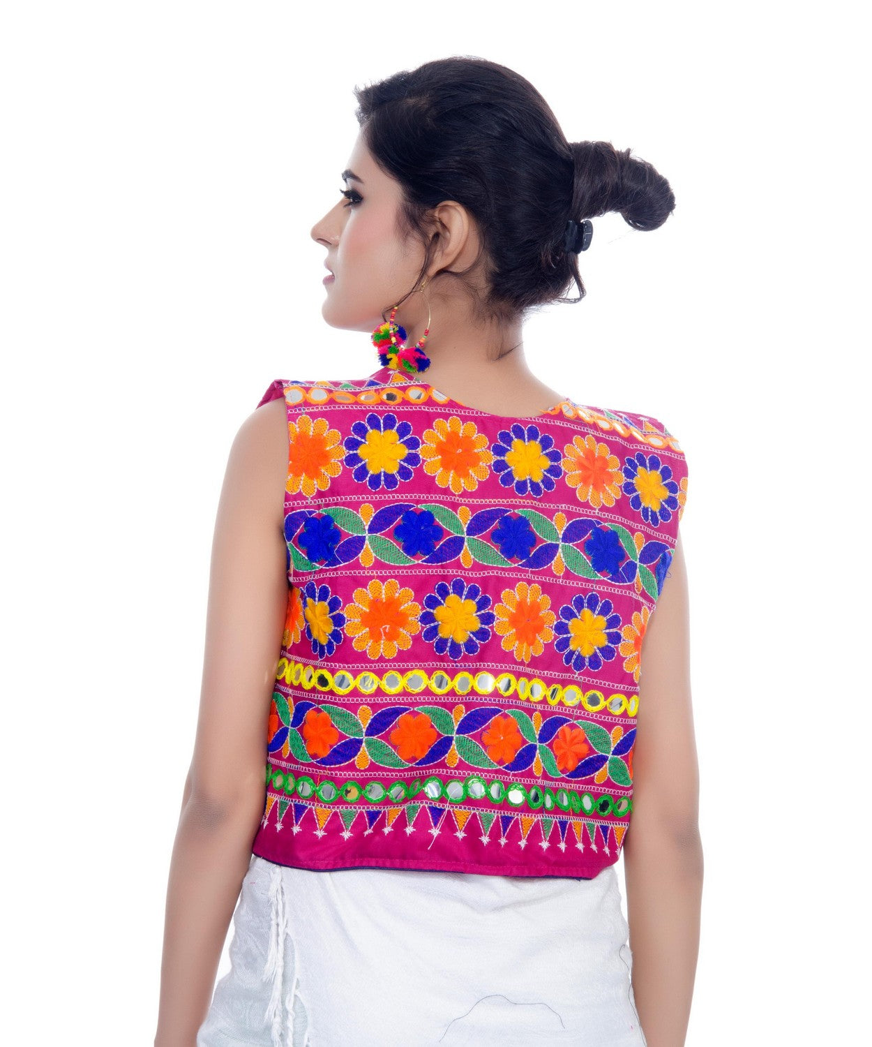 Banjara India Women's Cotton Blend Kutchi Embroidered Sleeveless Short Jacket/Koti/Shrug (Floral) - SJK-FLR06 - Banjara India