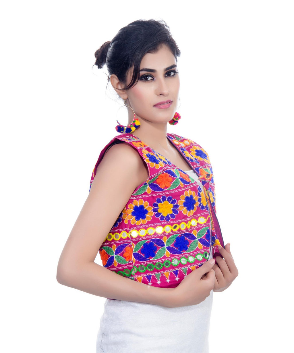 Banjara India Women's Cotton Blend Kutchi Embroidered Sleeveless Short Jacket/Koti/Shrug (Floral) - SJK-FLR06 - Banjara India