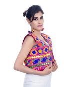 Banjara India Women's Cotton Blend Kutchi Embroidered Sleeveless Short Jacket/Koti/Shrug (Floral) - SJK-FLR06 - Banjara India