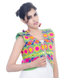 Banjara India Women's Cotton Blend Kutchi Embroidered Sleeveless Short Jacket/Koti/Shrug (Floral) - SJK-FLR07 - Banjara India