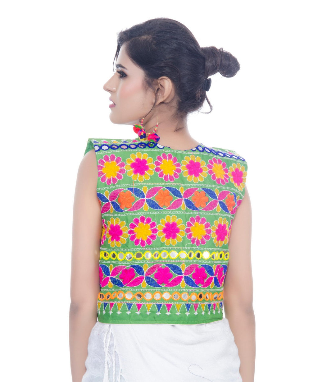 Banjara India Women's Cotton Blend Kutchi Embroidered Sleeveless Short Jacket/Koti/Shrug (Floral) - SJK-FLR07 - Banjara India