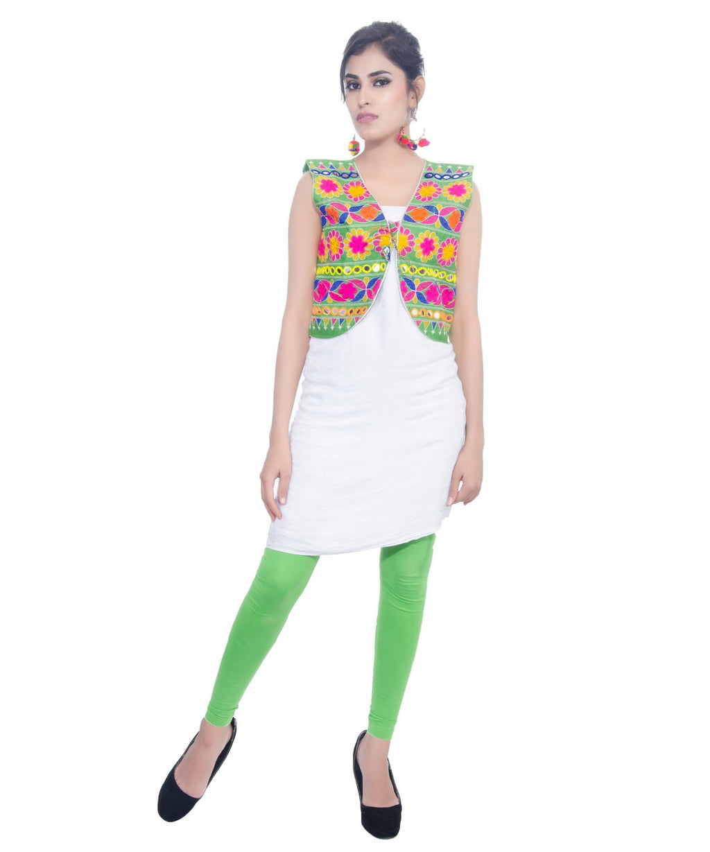 Banjara India Women's Cotton Blend Kutchi Embroidered Sleeveless Short Jacket/Koti/Shrug (Floral) - SJK-FLR07 - Banjara India