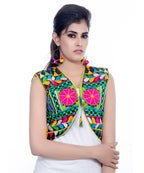 Banjara India Women's Cotton Blend Kutchi Embroidered Sleeveless Short Jacket/Koti/Shrug (Haathi) - SJK-HTH01 - Banjara India