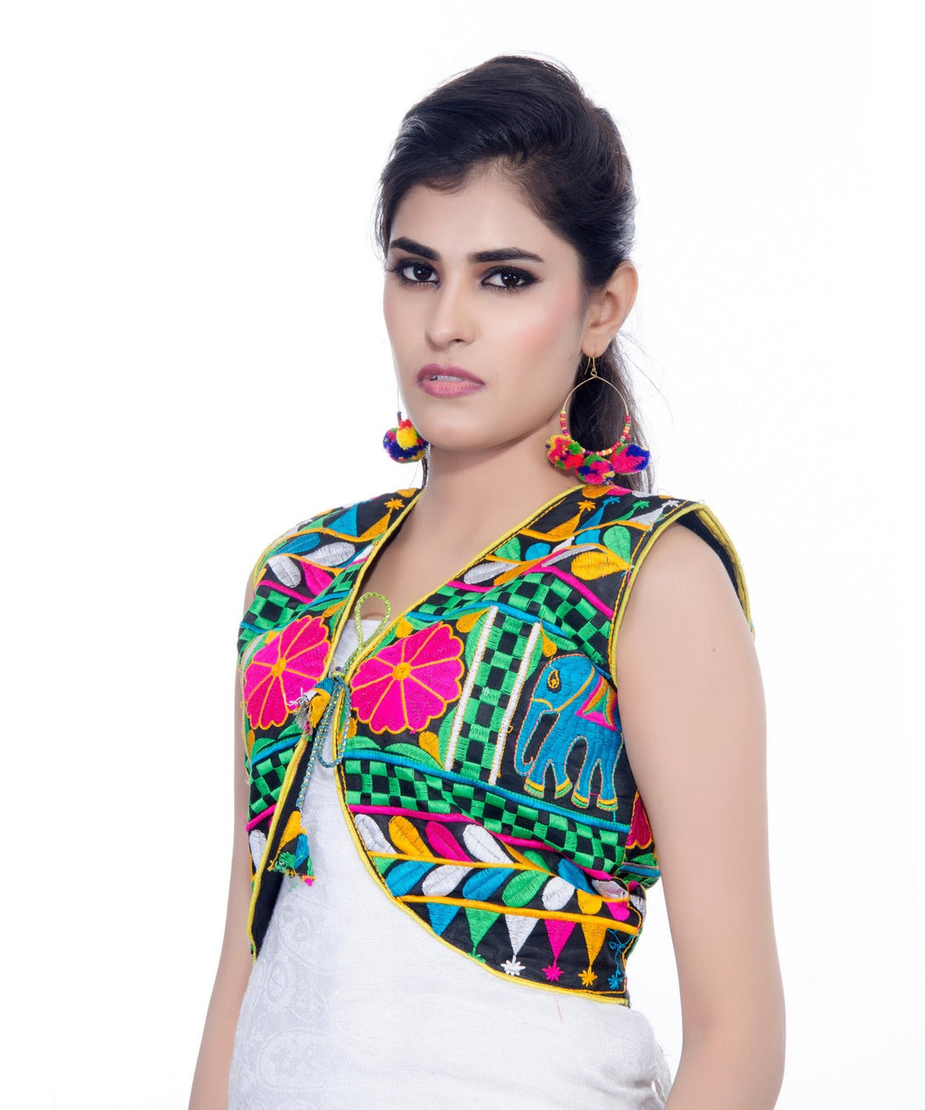 Banjara India Women's Cotton Blend Kutchi Embroidered Sleeveless Short Jacket/Koti/Shrug (Haathi) - SJK-HTH01 - Banjara India