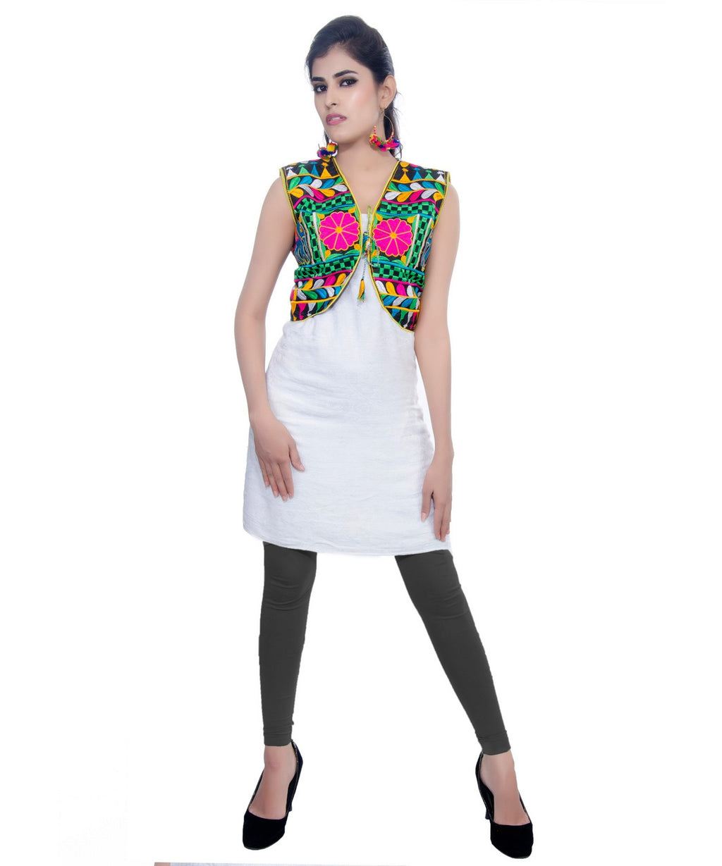 Banjara India Women's Cotton Blend Kutchi Embroidered Sleeveless Short Jacket/Koti/Shrug (Haathi) - SJK-HTH01 - Banjara India